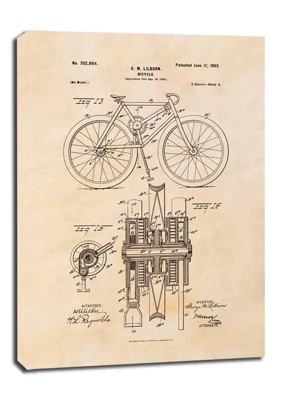 Image of Patent Mechanizm Rowerowy Projekt z 1902, sepia - obraz na płótnie Wymiar do wyboru: 30x40 cm