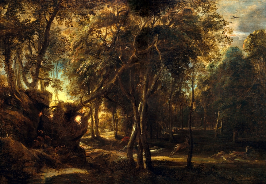 Image of A Forest at Dawn with a Deer Hunt, Rubens - plakat Wymiar do wyboru: 80x60 cm