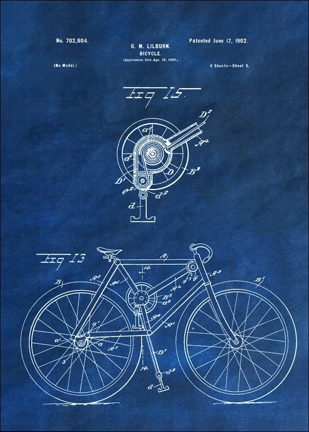 Image of Patent, Rower Projekt z 1902 Niebieski - plakat Wymiar do wyboru: 29,7x42 cm