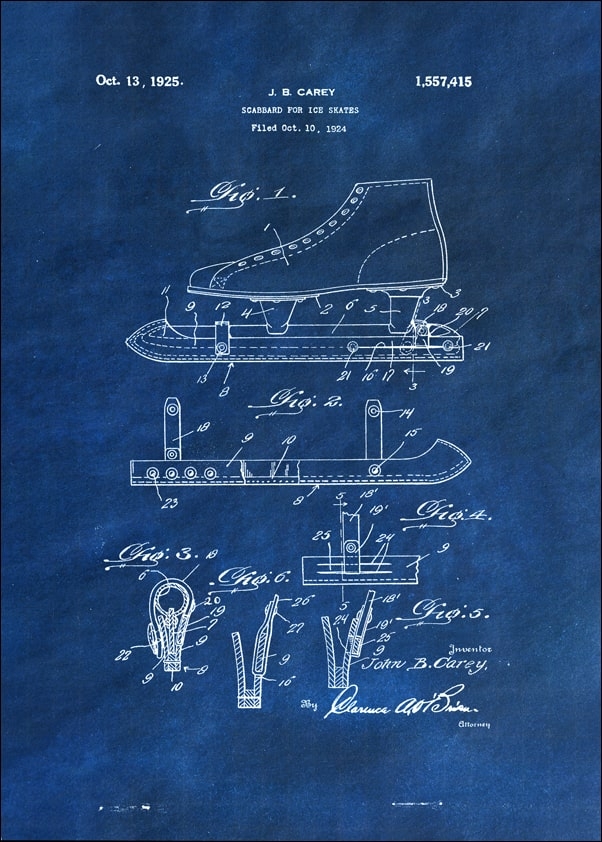 Image of Patent, Łyżwy Projekt z 1925 Niebieskie - plakat Wymiar do wyboru: 21x29,7 cm