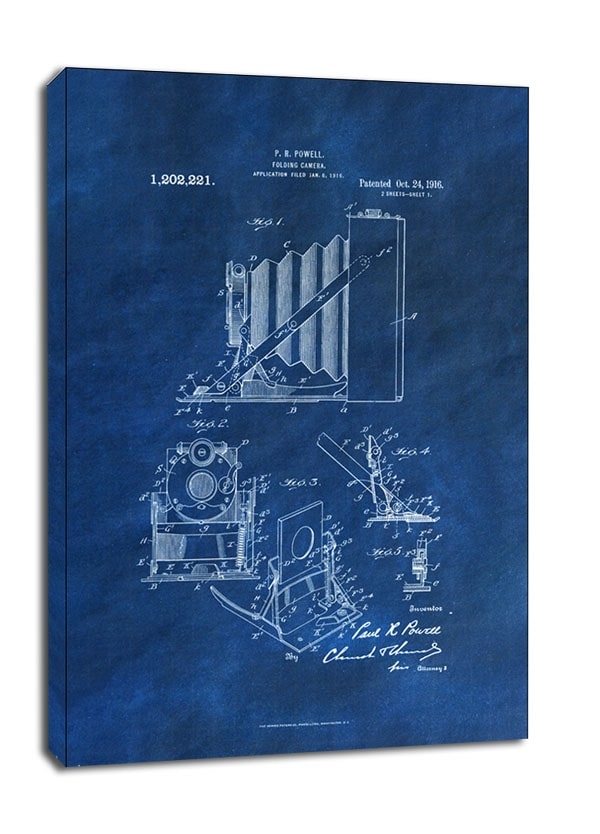 Image of Patent, Kamera Składana Projekt z 1916 Czarne Niebieski - obraz na płótnie Wymiar do wyboru: 50x70 cm