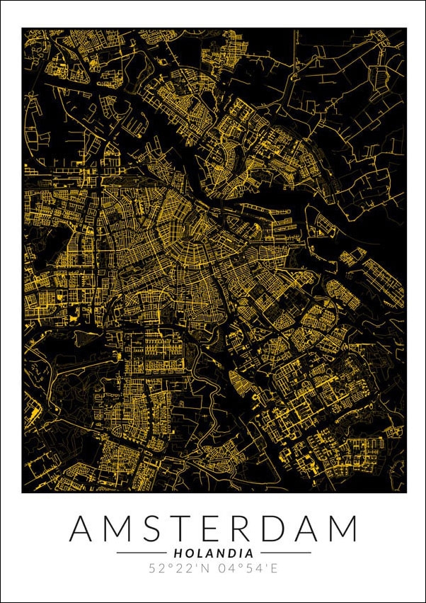 Image of Amsterdam złota mapa - plakat Wymiar do wyboru: 50x70 cm