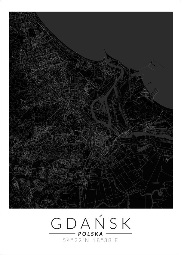 Image of Gdańsk mapa czarna - plakat Wymiar do wyboru: 30x40 cm