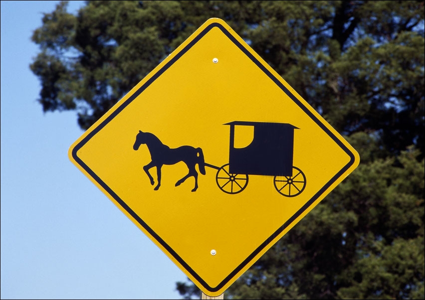 Image of A caution sign to auto drivers to be on the lookout for Amish horses and buggies, Carol Highsmith - plakat Wymiar do wyboru: 70x50 cm