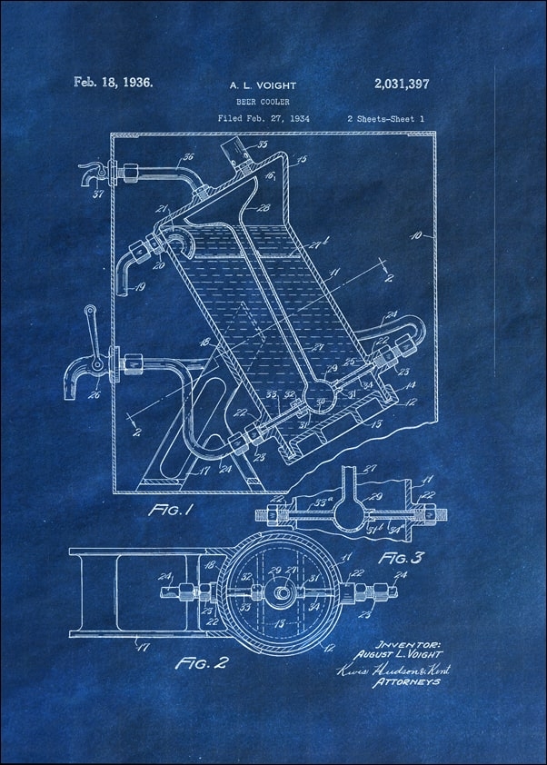 Image of Patent, Ochładzacz do Piwa Projekt z 1936 Niebieski - plakat Wymiar do wyboru: 40x50 cm