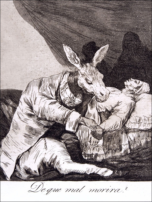 Image of Plate 40 from Los Caprichos- Of what ill will he die (De que mal morira), Francisco Goya - plakat Wymiar do wyboru: 20x30 cm