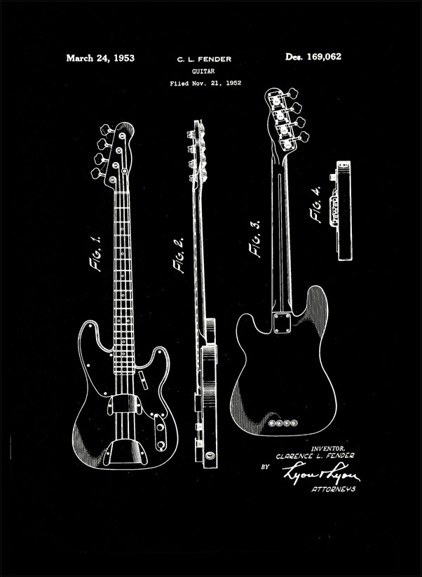 Image of Patent Fender Gitara Basowa Projekt 1952 - retro plakat Wymiar do wyboru: 29,7x42 cm