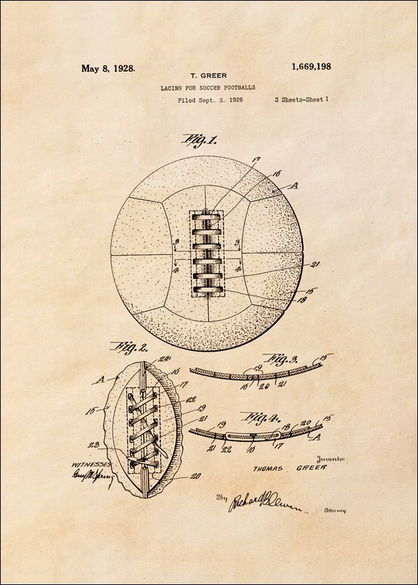 Image of Patent Retro Piłka Nożna projekt z 1926, sepia - plakat Wymiar do wyboru: 30x40 cm