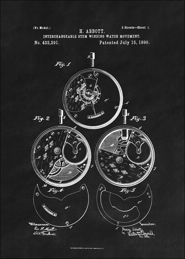 Image of Patent Zegarek Nakręcany Projekt z 1890, black - plakat Wymiar do wyboru: 70x100 cm