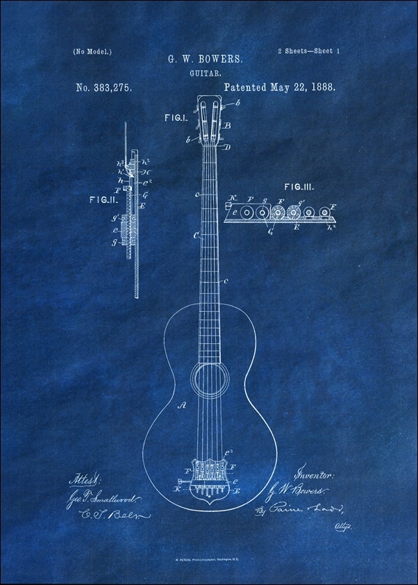 Image of Patent, GW Bowers Gitara Projekt z 1888 Niebieskie - plakat Wymiar do wyboru: 30x40 cm