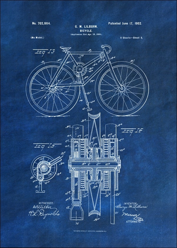 Image of Patent, Mechanizm Rowerowy Projekt z 1902 Niebieski - plakat Wymiar do wyboru: 29,7x42 cm