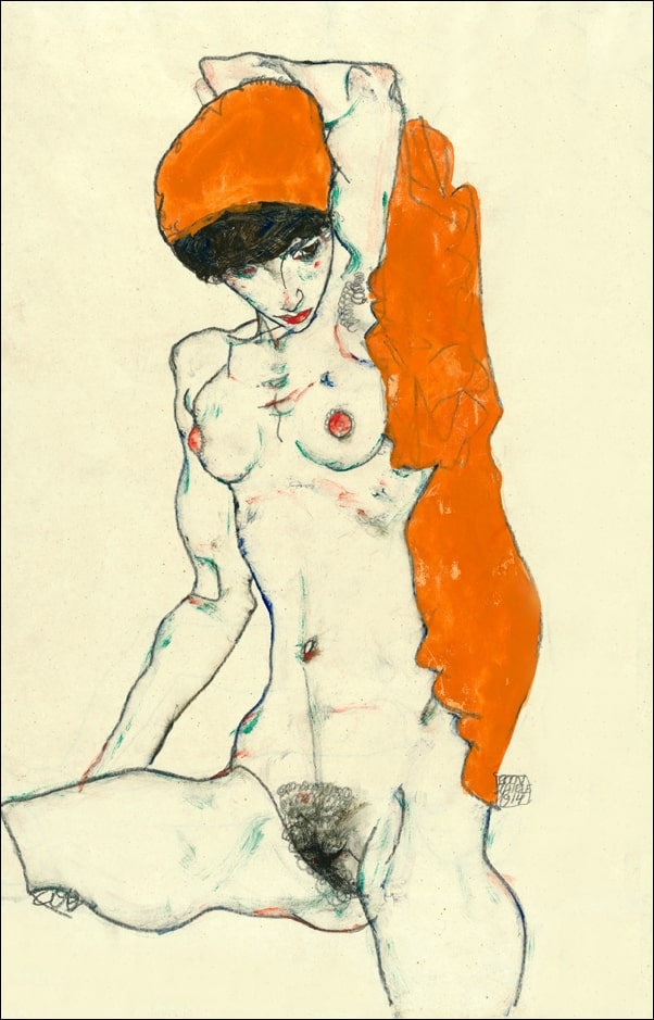 Image of Standing Nude with Orange Drapery (recto) Study of Nude with Arms Raised (verso), Egon Schiele - plakat Wymiar do wyboru: 60x80 cm