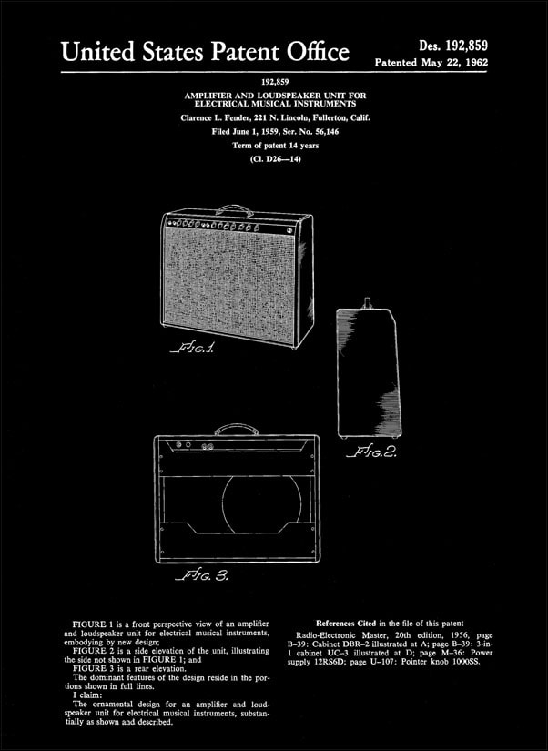 Image of Patent Fender Guitar Amplifier Wzmacniacz Gitarowy Projekt 1959 - retro plakat Wymiar do wyboru: 20x30 cm