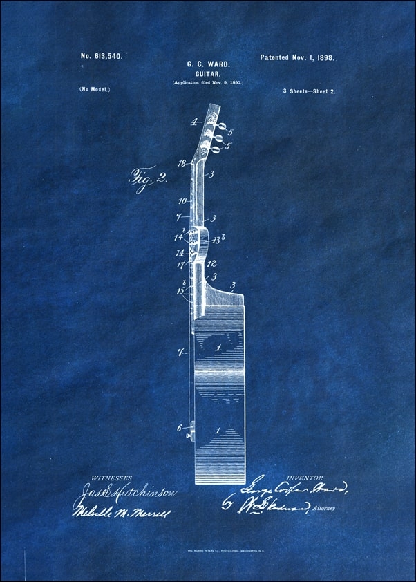 Image of Patent, GC Ward Gitara Projekt z 1898 Niebieski - plakat Wymiar do wyboru: 29,7x42 cm