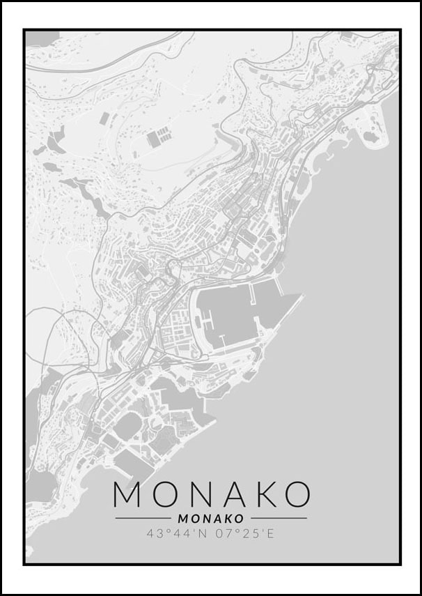 Image of Monako mapa czarno biała - plakat Wymiar do wyboru: 20x30 cm