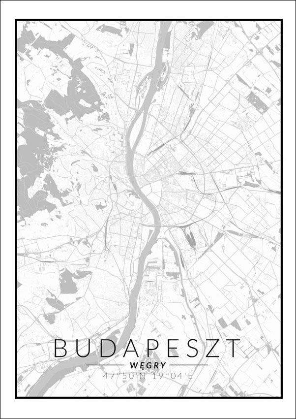 Image of Budapeszt mapa czarno biała - plakat Wymiar do wyboru: 30x40 cm