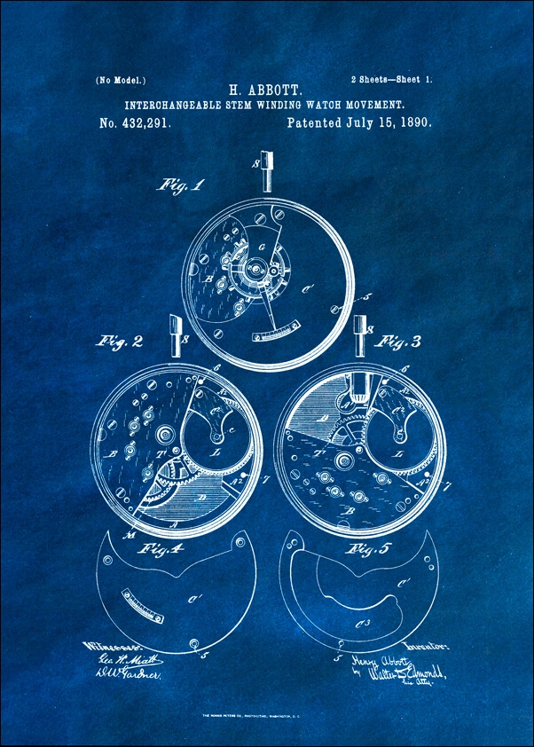 Image of Patent, Zegarek Nakręcany Projekt z 1890 Niebieskie - plakat Wymiar do wyboru: 20x30 cm