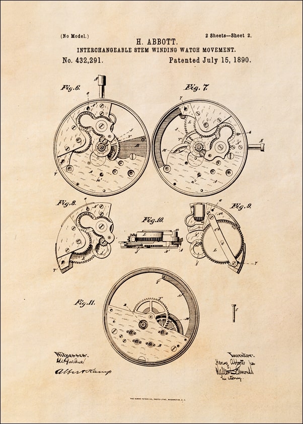 Image of Patent Zegarek Nakręcany II Projekt z 1890, sepia - plakat Wymiar do wyboru: 70x100 cm
