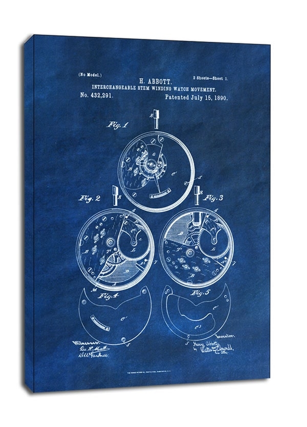 Image of Patent, Zegarek Nakręcany Projekt z 1890 Niebieskie - obraz na płótnie Wymiar do wyboru: 40x50 cm