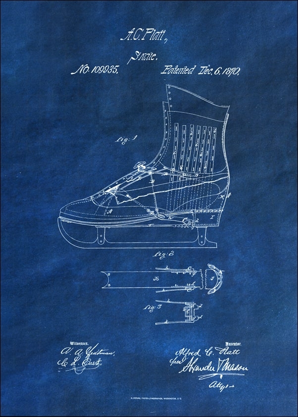 Image of Patent, Łyżwy Projekt z 1870 Niebieskie - plakat Wymiar do wyboru: 30x40 cm