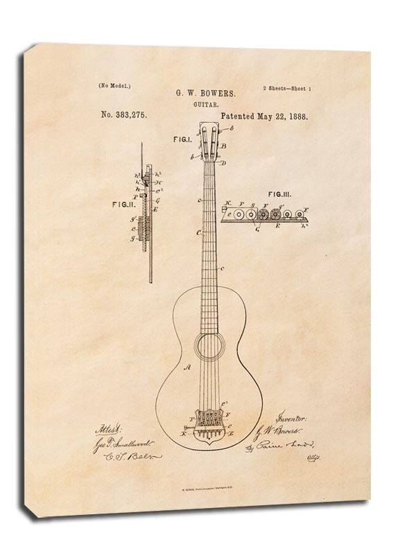 Image of Patent GW Bowers Gitara Projekt z 1888, sepia - obraz na płótnie Wymiar do wyboru: 30x40 cm