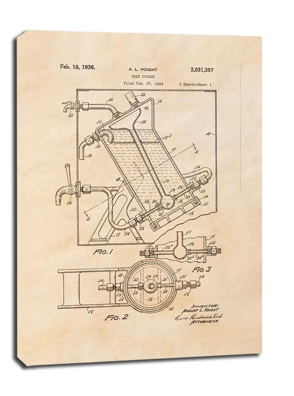 Image of Patent Ochładzacz do Piwa Projekt z 1936, sepia - obraz na płótnie Wymiar do wyboru: 20x30 cm