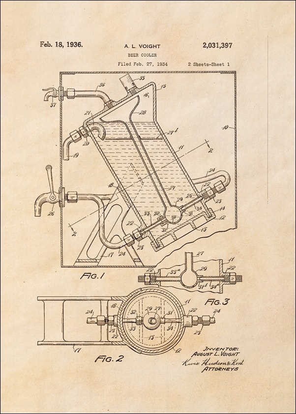 Image of Patent Ochładzacz do Piwa Projekt z 1936, sepia - plakat Wymiar do wyboru: 30x40 cm