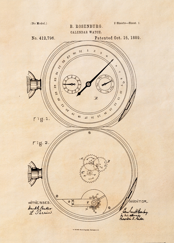 Image of Patent Zegarek z Kalendarzem Projekt z 1889, sepia - plakat Wymiar do wyboru: 20x30 cm