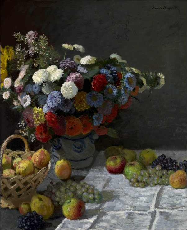 Image of Martwa Natura z Kwiatami i Owocem, Claude Monet - plakat Wymiar do wyboru: 30x40 cm