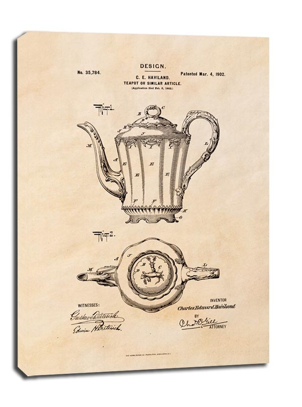 Image of Patent Haviland Dzbanek na herbatę Projekt z 1902, sepia - obraz na płótnie Wymiar do wyboru: 20x30 cm