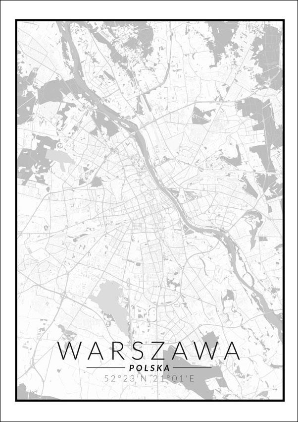 Image of Warszawa mapa czarno biała - plakat Wymiar do wyboru: 70x100 cm