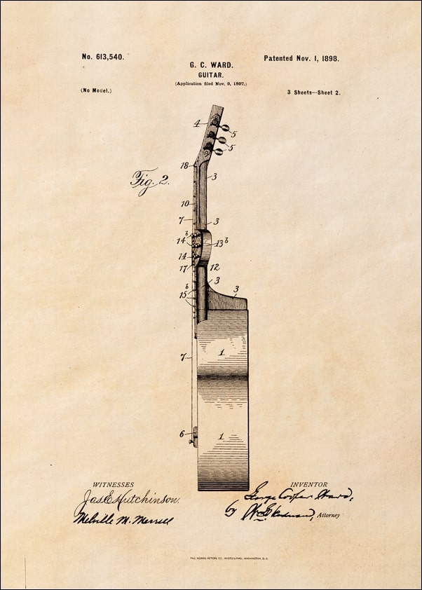 Image of Patent GC Ward Gitara Projekt z 1898, sepia - plakat Wymiar do wyboru: 30x40 cm