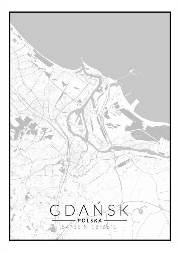 Image of Gdańsk mapa czarno biała - plakat Wymiar do wyboru: 21x29,7 cm