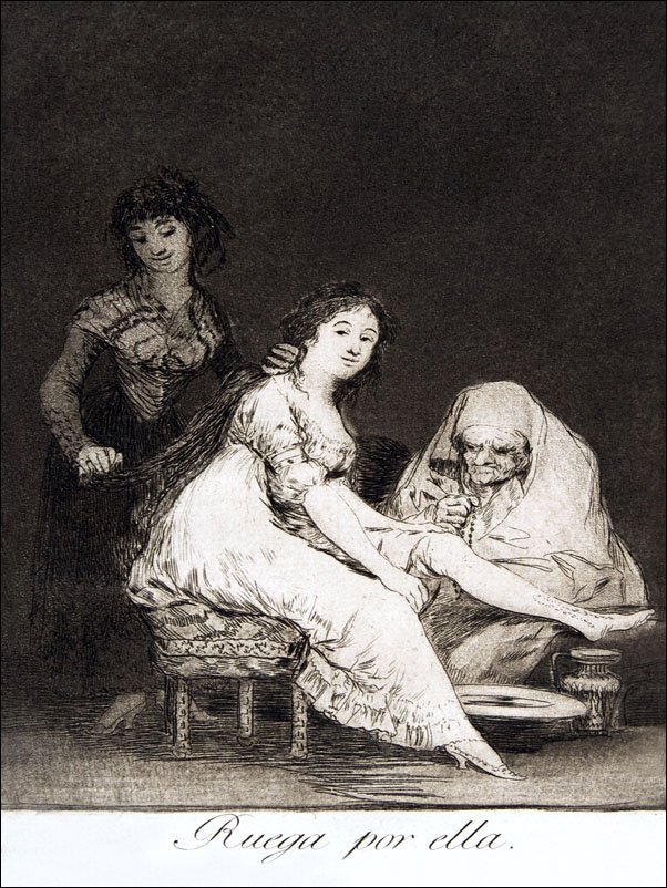 Image of Plate 31 from Los Caprichos- She prays for her (Ruega por ella, Francisco Goya - plakat Wymiar do wyboru: 59,4x84,1 cm
