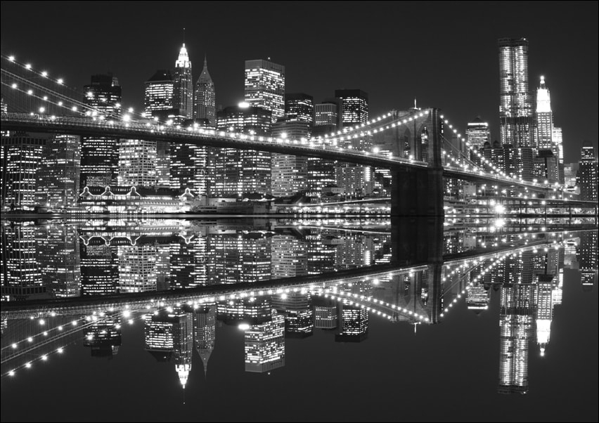 Image of New York Brooklyn Bridge night BW - plakat Wymiar do wyboru: 30x20 cm