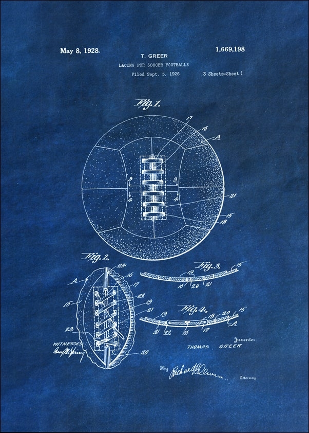 Image of Patent, Retro Piłka Nożna projekt z 1926 Niebieski - plakat Wymiar do wyboru: 30x40 cm