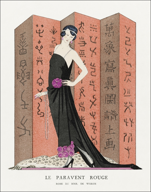 Image of Le paravent rouge: Robe du soir, de Worth from Gazette du Bon Ton. Art – Modes & Frivolités: Famous Fashion Houses No. 10 Pl. 80, George Barbier - pla