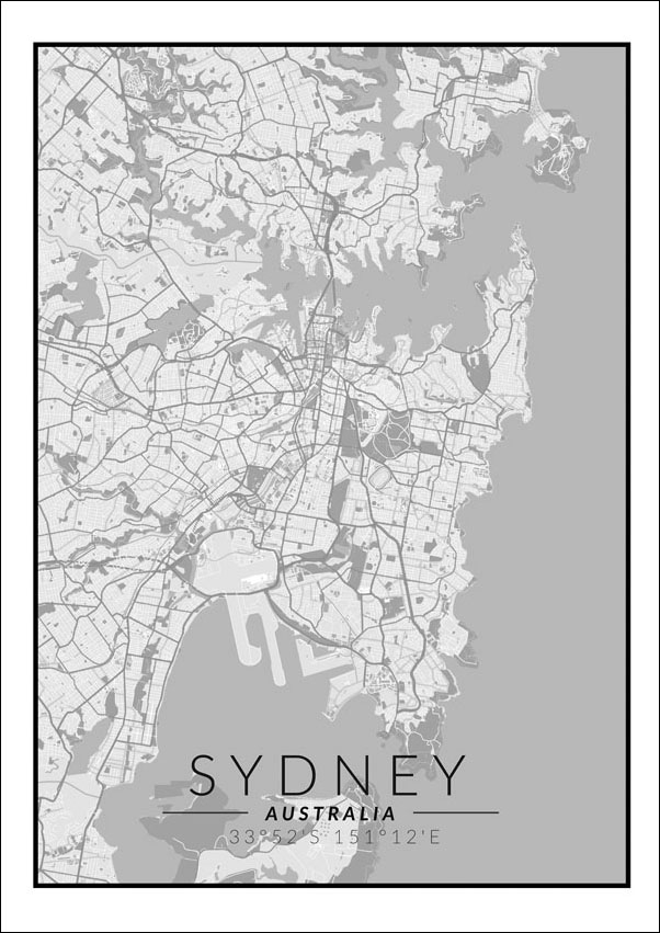 Image of Sydney mapa czarno biała - plakat Wymiar do wyboru: 21x29,7 cm