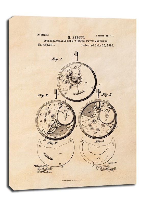 Image of Patent Zegarek Nakręcany Projekt z 1890, sepia - obraz na płótnie Wymiar do wyboru: 70x100 cm