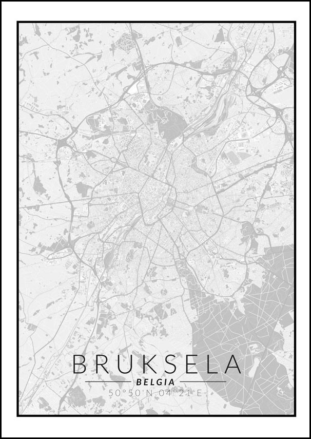 Image of Bruksela mapa czarno biała - plakat Wymiar do wyboru: 30x40 cm