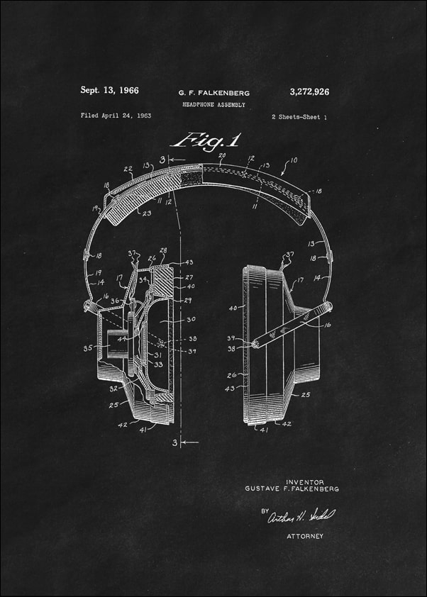 Image of Patent, Sluchawki 1966 Czarne - plakat Wymiar do wyboru: 20x30 cm