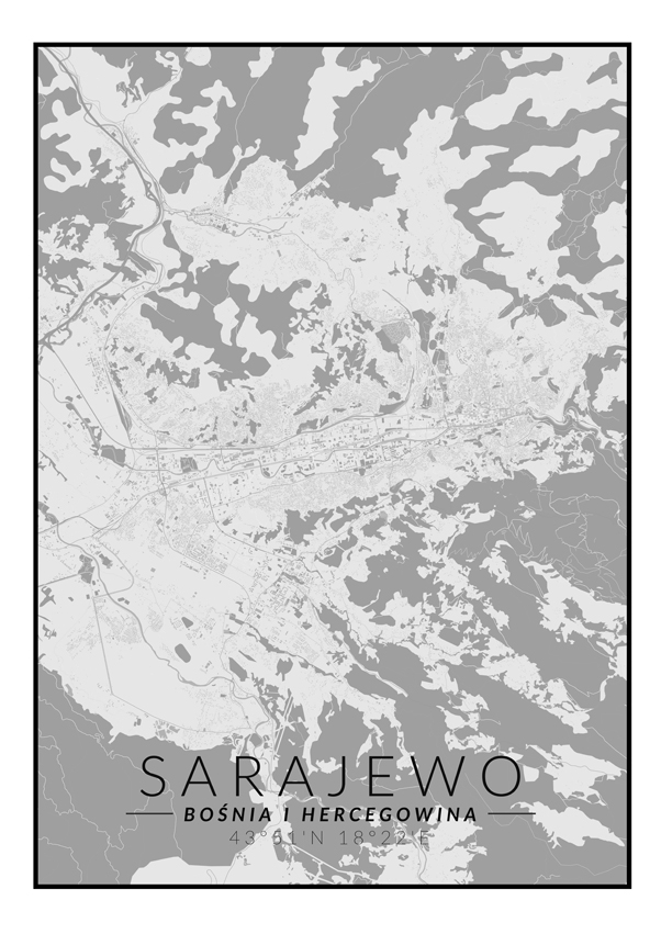 Image of Sarajewo mapa czarno biała - plakat Wymiar do wyboru: 21x29,7 cm