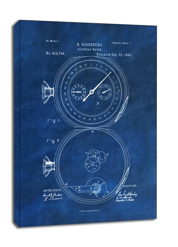 Image of patent, zegarek z kalendarzem projekt z 1889 niebieskie - obraz na płótnie wymiar do wyboru: 61x91,5 cm
