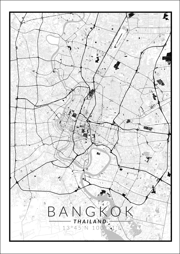 Image of Bangkok mapa czarno biała - plakat Wymiar do wyboru: 29,7x42 cm