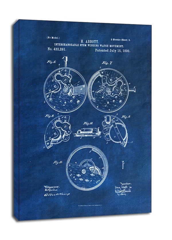 Image of Patent, Zegarek Nakręcany Projekt z 1890 Niebieskie 2 - obraz na płótnie Wymiar do wyboru: 30x40 cm