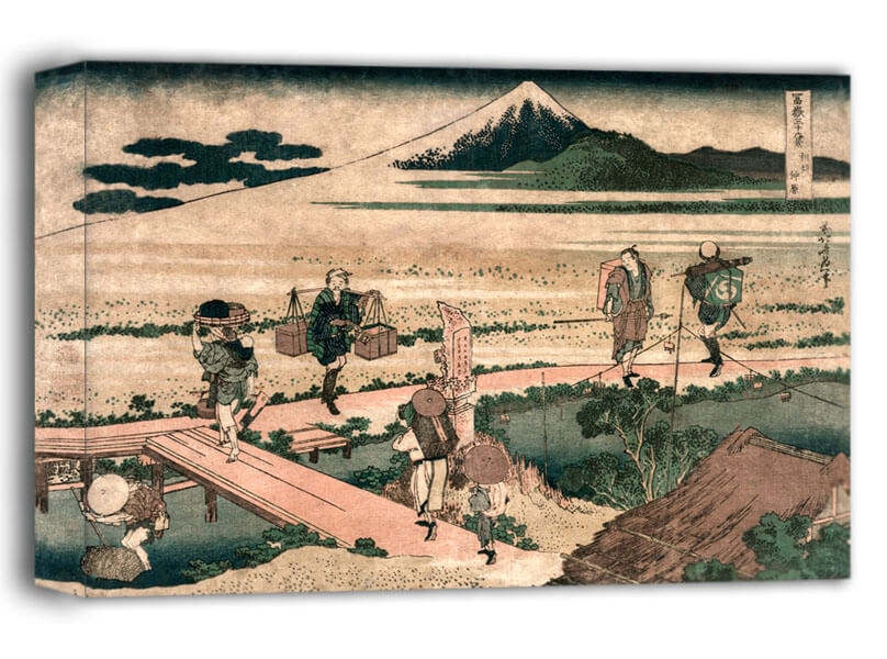 Image of A View of Mount Fuji and Travellers by a Bridge, Hokusai - obraz na płótnie Wymiar do wyboru: 100x70 cm