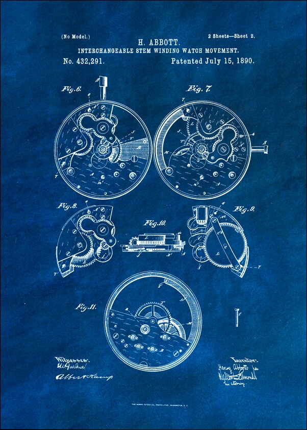 Image of Patent, Zegarek Nakręcany Projekt z 1890 Niebieskie 2 - plakat Wymiar do wyboru: 20x30 cm