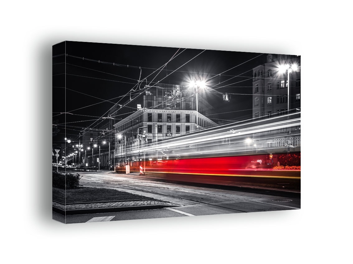 Image of Warszawa Nocne Ulice Mknący Tramwaj - obraz na płótnie Wymiar do wyboru: 40x30 cm