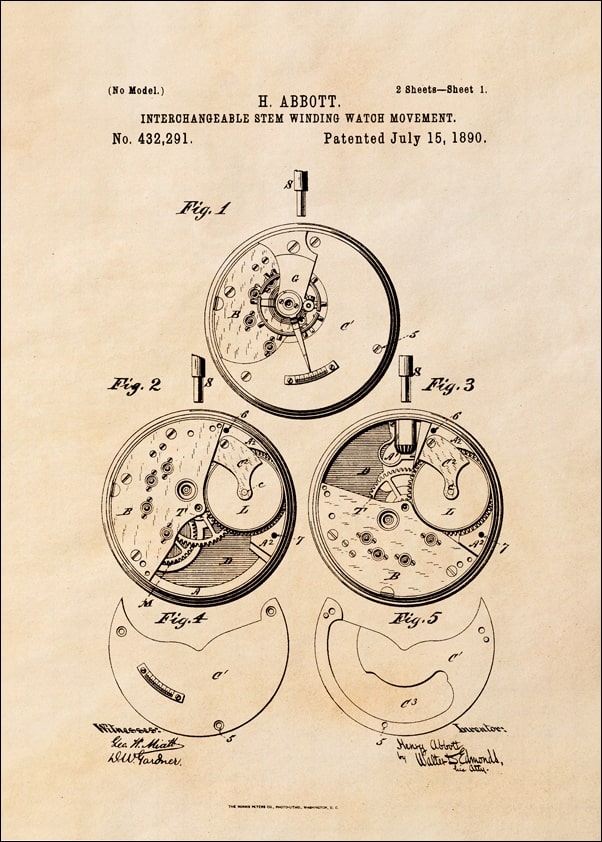 Image of Patent Zegarek Nakręcany Projekt z 1890, sepia - plakat Wymiar do wyboru: 20x30 cm