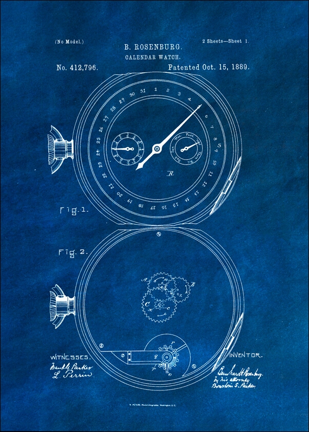 Image of Patent, Zegarek z Kalendarzem Projekt z 1889 Niebieskie - plakat Wymiar do wyboru: 30x40 cm